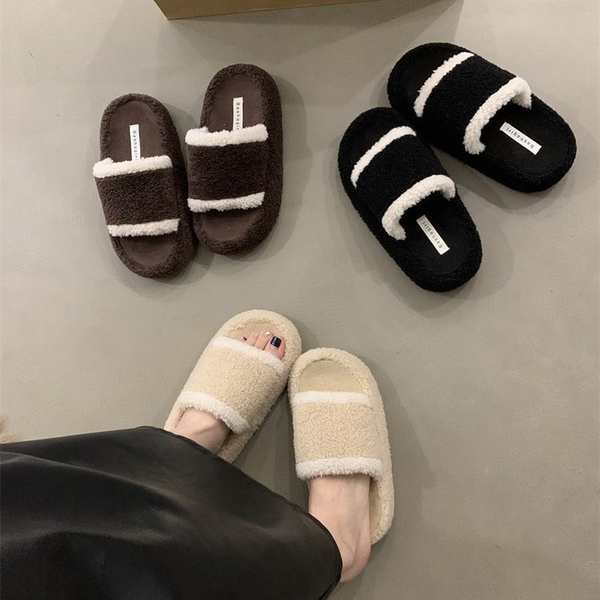 Dép Bông Đi Trong Nhà Đế Dày Bằng cotton Phối Lông Thời Trang Cho Nữ