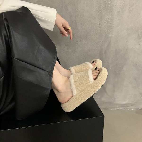Dép Bông Đi Trong Nhà Đế Dày Bằng cotton Phối Lông Thời Trang Cho Nữ