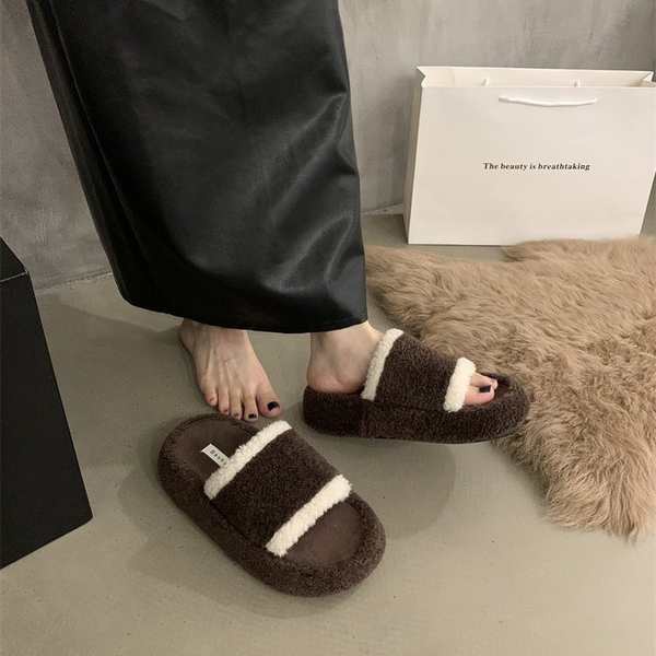 Dép Bông Đi Trong Nhà Đế Dày Bằng cotton Phối Lông Thời Trang Cho Nữ