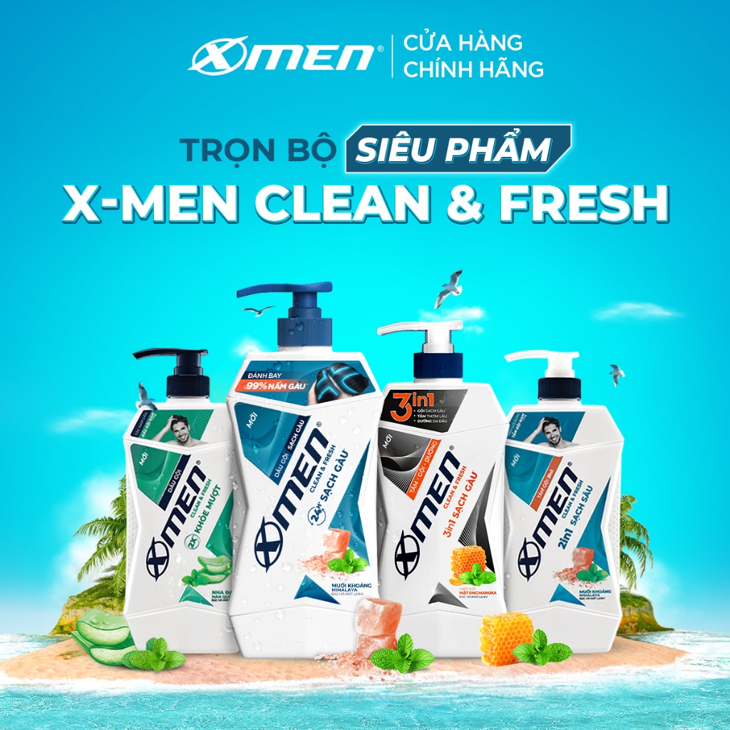 Combo Sữa tắm X-Men Clean & Fresh Sạch Khuẩn Detox 630g + Dầu gội Sạch Gàu X-Men Clean & Fresh 24h Sạch Sâu 630g