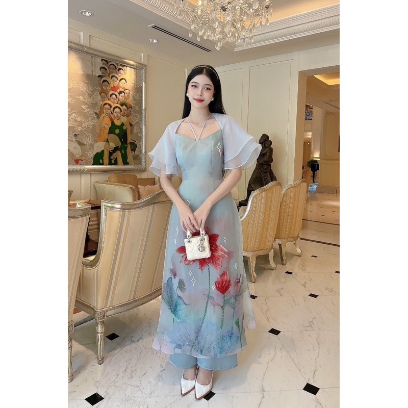 Áo dài cách tân nữ hoa cúc màu xanh chất liệu tơ organza cao cấp - ADCT44