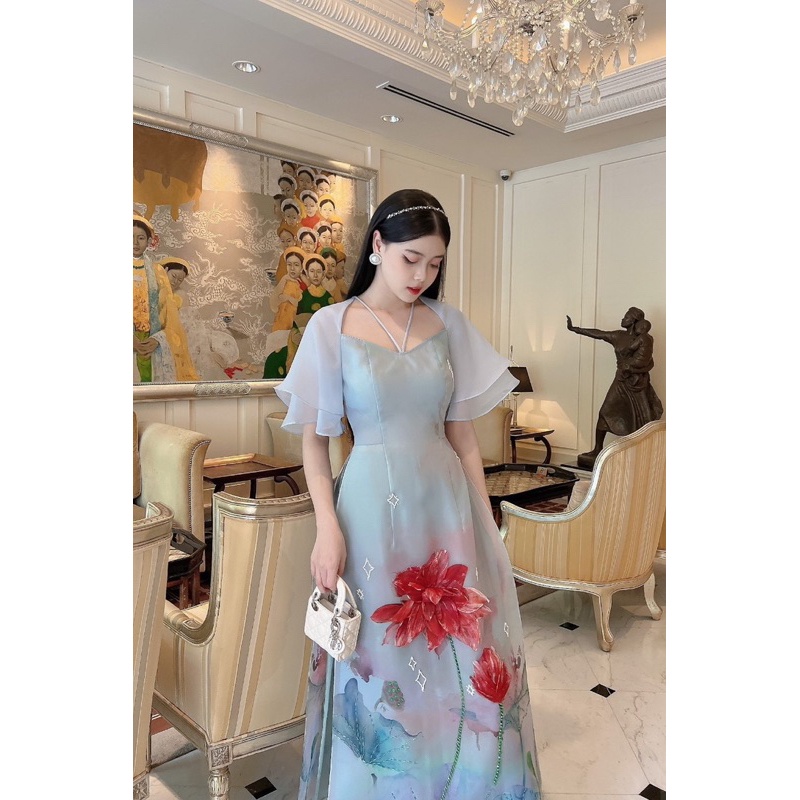 Áo dài cách tân nữ hoa cúc màu xanh chất liệu tơ organza cao cấp - ADCT44