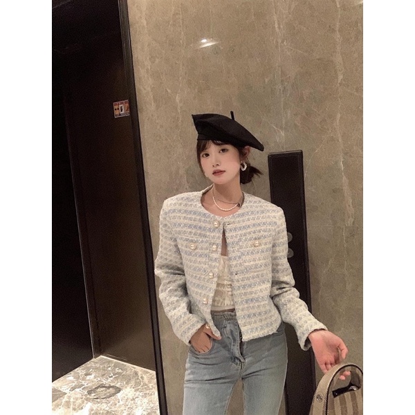 Áo Dạ Tweed Hai Lớp Kẻ Xanh Trắng