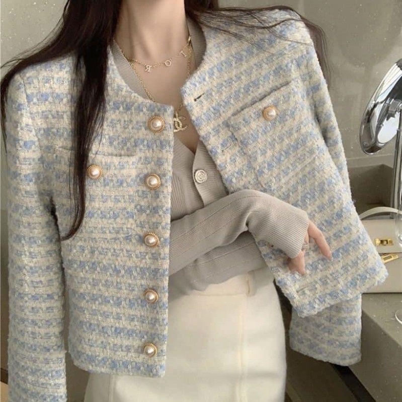 Áo Dạ Tweed Hai Lớp Kẻ Xanh Trắng