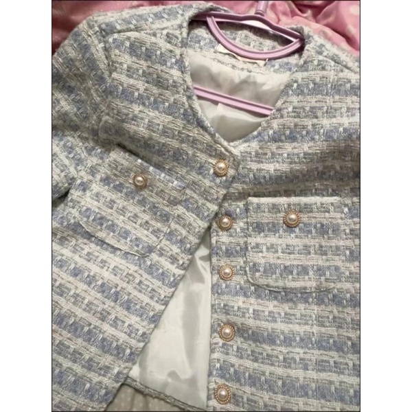 Áo Dạ Tweed Hai Lớp Kẻ Xanh Trắng