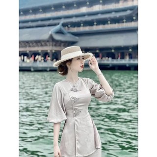 Đồ lam đi chùa nữ đẹp-Bộ đi lễ chùa tay phồng 3 nút hoa vải lụa cát nhung dày dặn mịn mát mềm đủ size