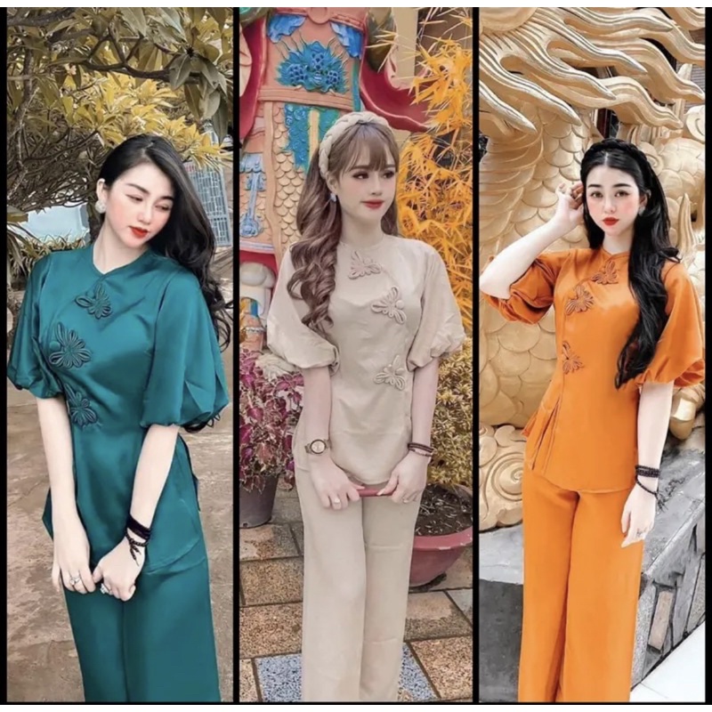 Đồ lam đi chùa nữ-Pháp phục nữ tay phồng hoạ tiết 3 nút hoa sang trọng vải cát nhung dày dặn, mềm mát, đủ size