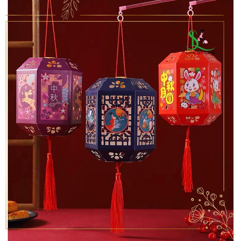 Lồng đèn trung thu cho bé, lồng đèn giấy trang trí họa tiết Trung Hoa cổ điển kèm đèn cầy điện - Life Style 4U