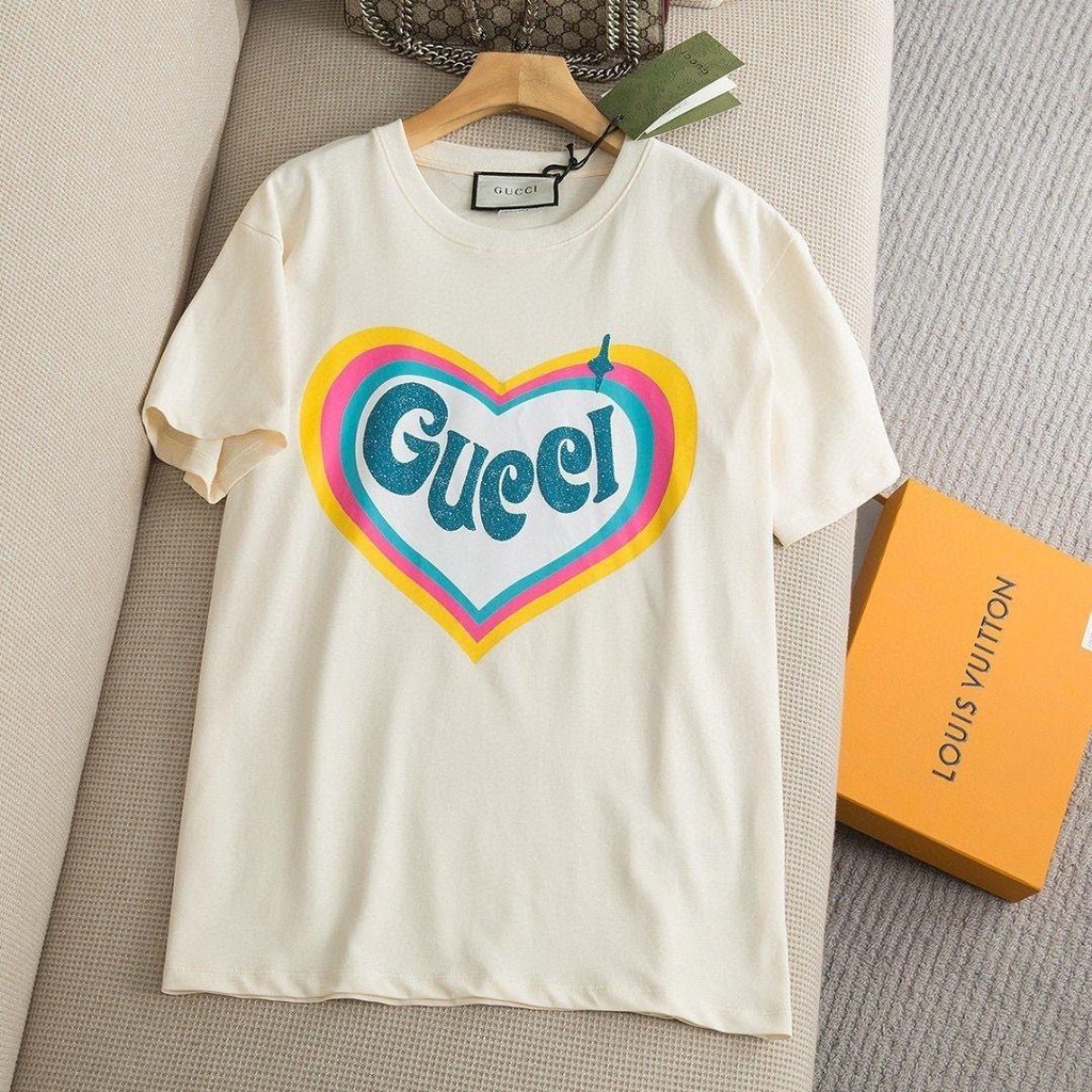 Gucci Áo Thun cotton Tay Ngắn Cổ Tròn In Hình Trái Tim Thời Trang Xuân Hè Cho Nam Và Nữ