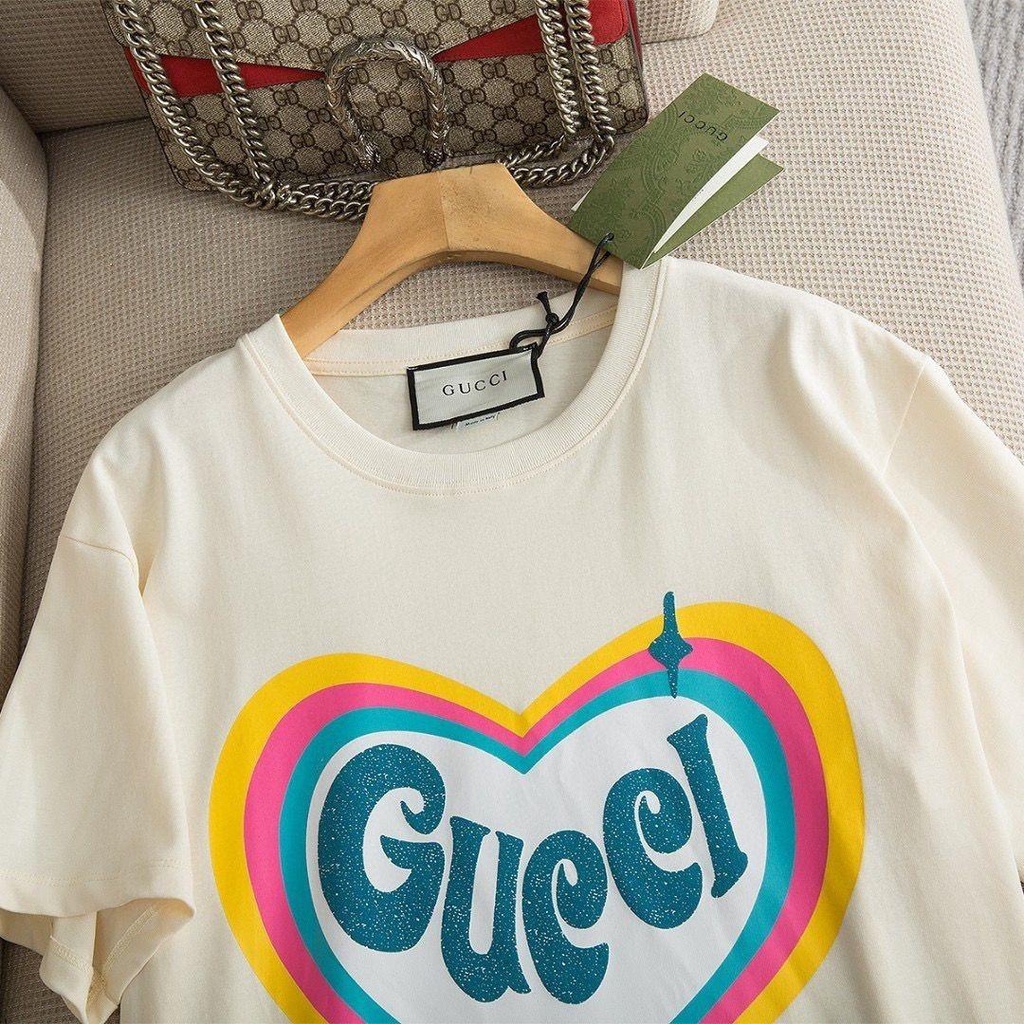 Gucci Áo Thun cotton Tay Ngắn Cổ Tròn In Hình Trái Tim Thời Trang Xuân Hè Cho Nam Và Nữ