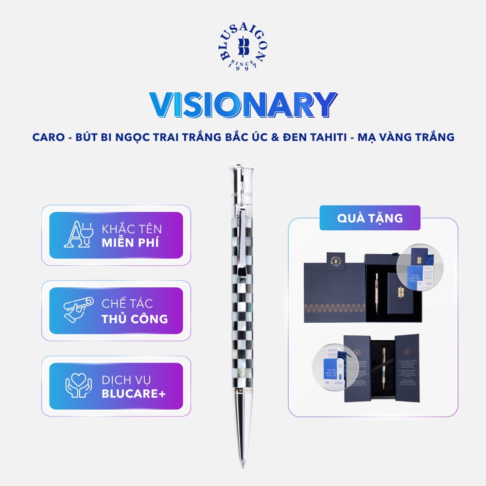 Bút Ký Cao Cấp BLUSAIGON Visionary Ngọc Trai Trắng Bắc Úc & Đen Tahiti Caro 003002003 - Khoen Trắng