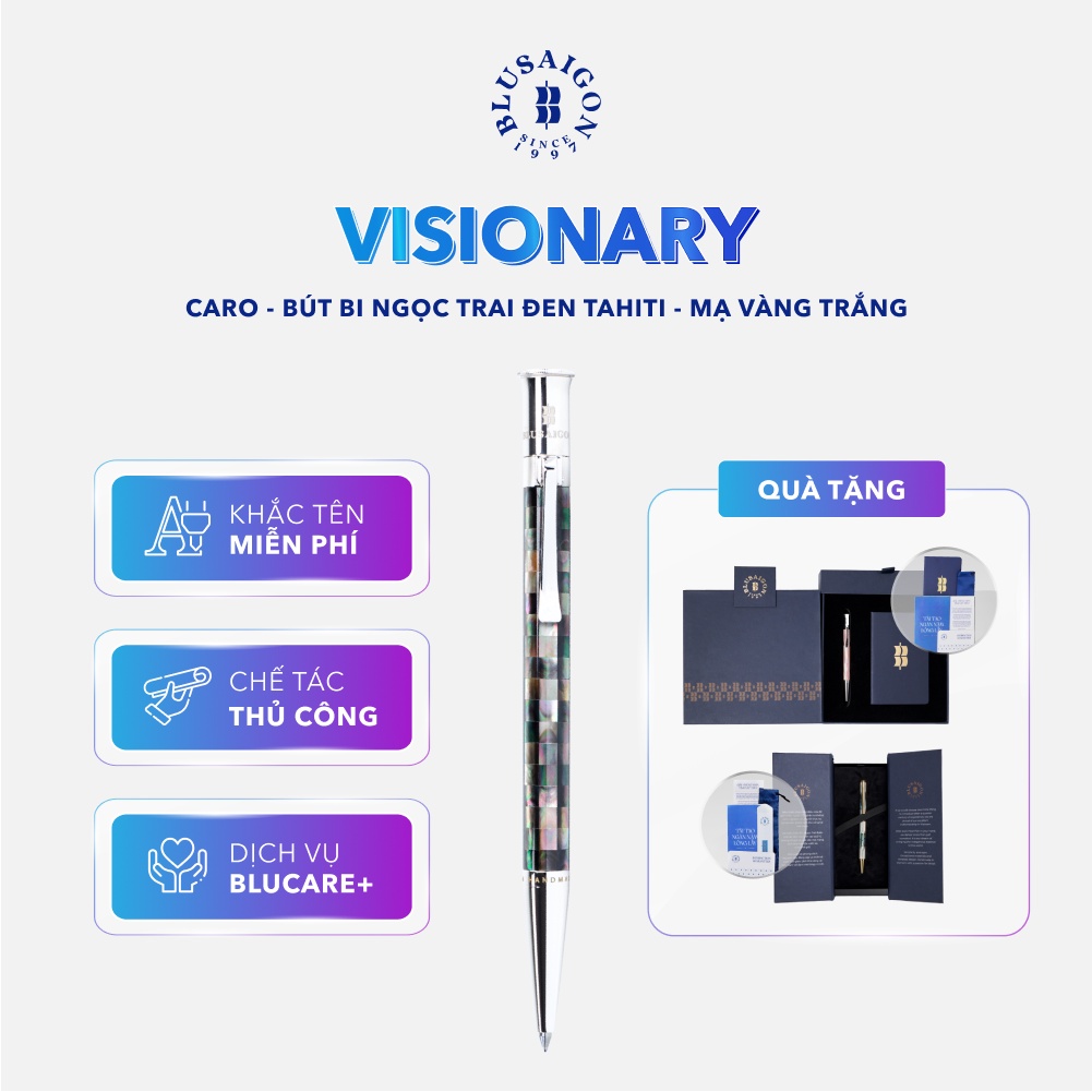 Bút Ký Cao Cấp BLUSAIGON Visionary Khảm Trai Đen Tahiti Caro 003017003 - Khoen Trắng