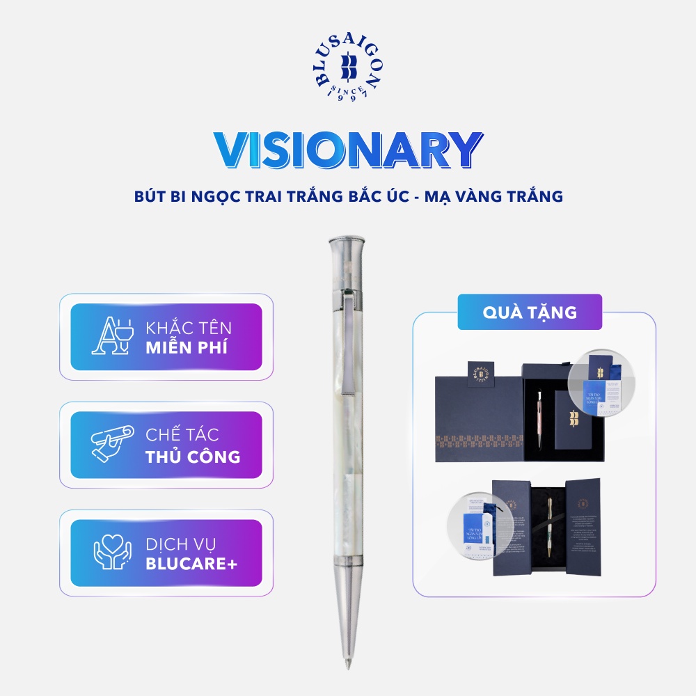 Bút Ký Cao Cấp BLUSAIGON Visionary Khảm Ngọc Trai Trắng Thủ Công 003001003 - Khoen Trắng