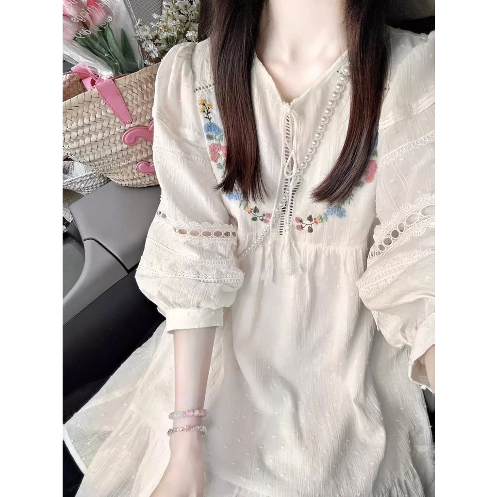 Hàng Mới Về Mới Đầm Nữ Tay Dài Thêu Hoa Thời Trang Thanh Lịch