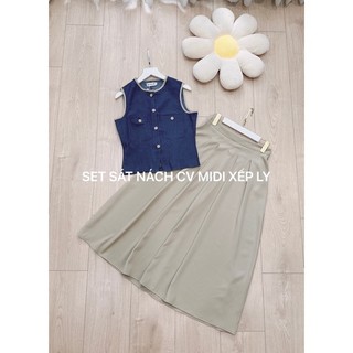 Set áo denim sát nách phối chân váy midi