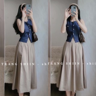 Set áo denim sát nách phối chân váy midi