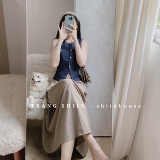 Set áo denim sát nách phối chân váy midi