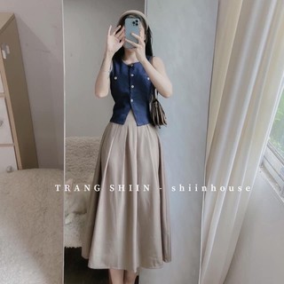 Set áo denim sát nách phối chân váy midi
