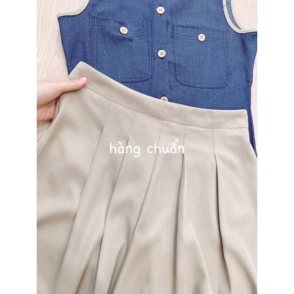 Set áo denim sát nách phối chân váy midi