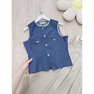 Set áo denim sát nách phối chân váy midi