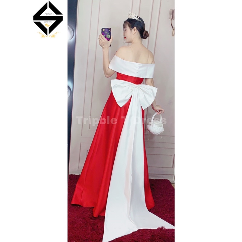 Đầm maxi cưới TRIPBLE T DEESS bẹt vai kết hoa ren trắng xẻ đùi - size S/M/L