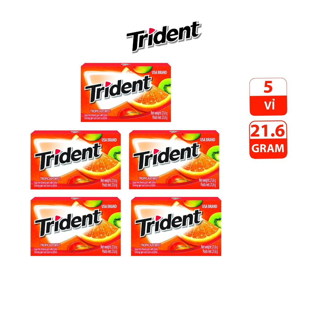 Combo 5 Vỉ Kẹo Cao Su Không Đường TRIDENT Vị Trái Cây Nhiệt Đới 5x21.6g