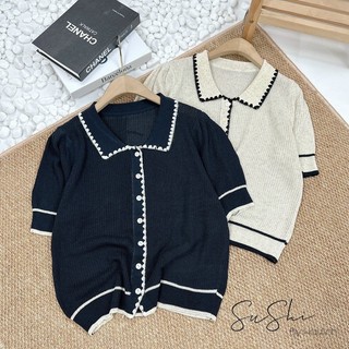 Áo len mongtoghi phối viền ren 2 màu-cài cúc