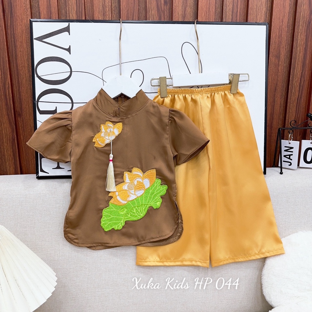 SET BỘ ÁO BÀ BA TAY BỒNG HOA SEN THÊU SIZE 8-28KG