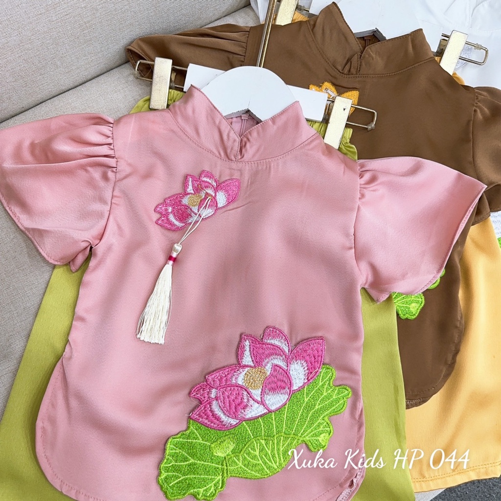 SET BỘ ÁO BÀ BA TAY BỒNG HOA SEN THÊU SIZE 8-28KG