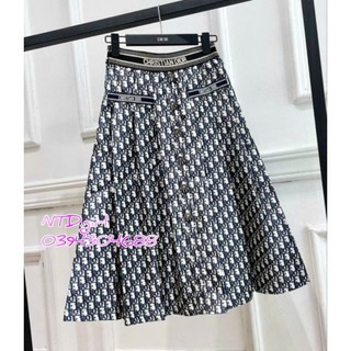Hàng nhập - Chân váy xòe jean in logo phối viền, chân váy bò xếp li trẻ trung xinh xắn