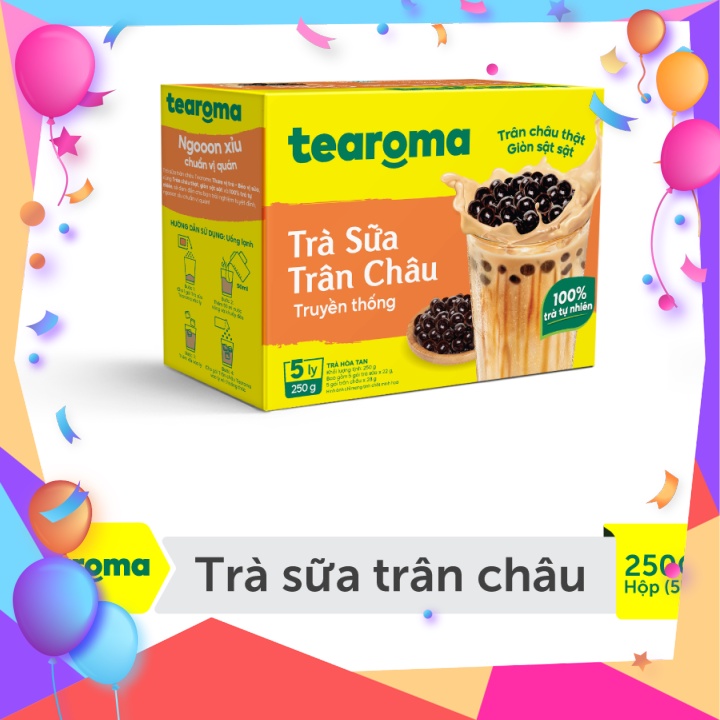 Trà sữa trân châu Tearoma truyền thống (Hộp 5 ly/ 250g, 5 gói trà sữa x 22g, 5 gói trân châu x 28 g