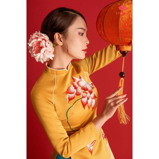 Áo dài Gia đình tafta Song Ngư màu vàng xanh phù hợp mặc tết 2024