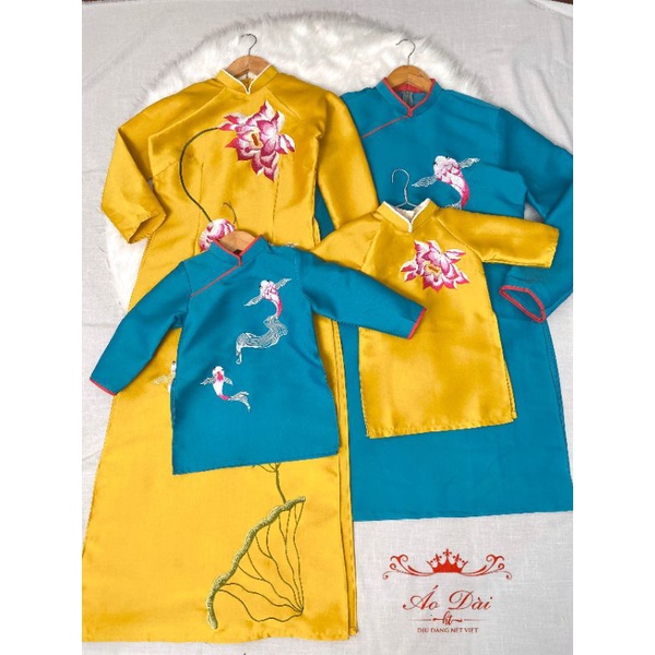 Áo dài Gia đình tafta Song Ngư màu vàng xanh phù hợp mặc tết 2024
