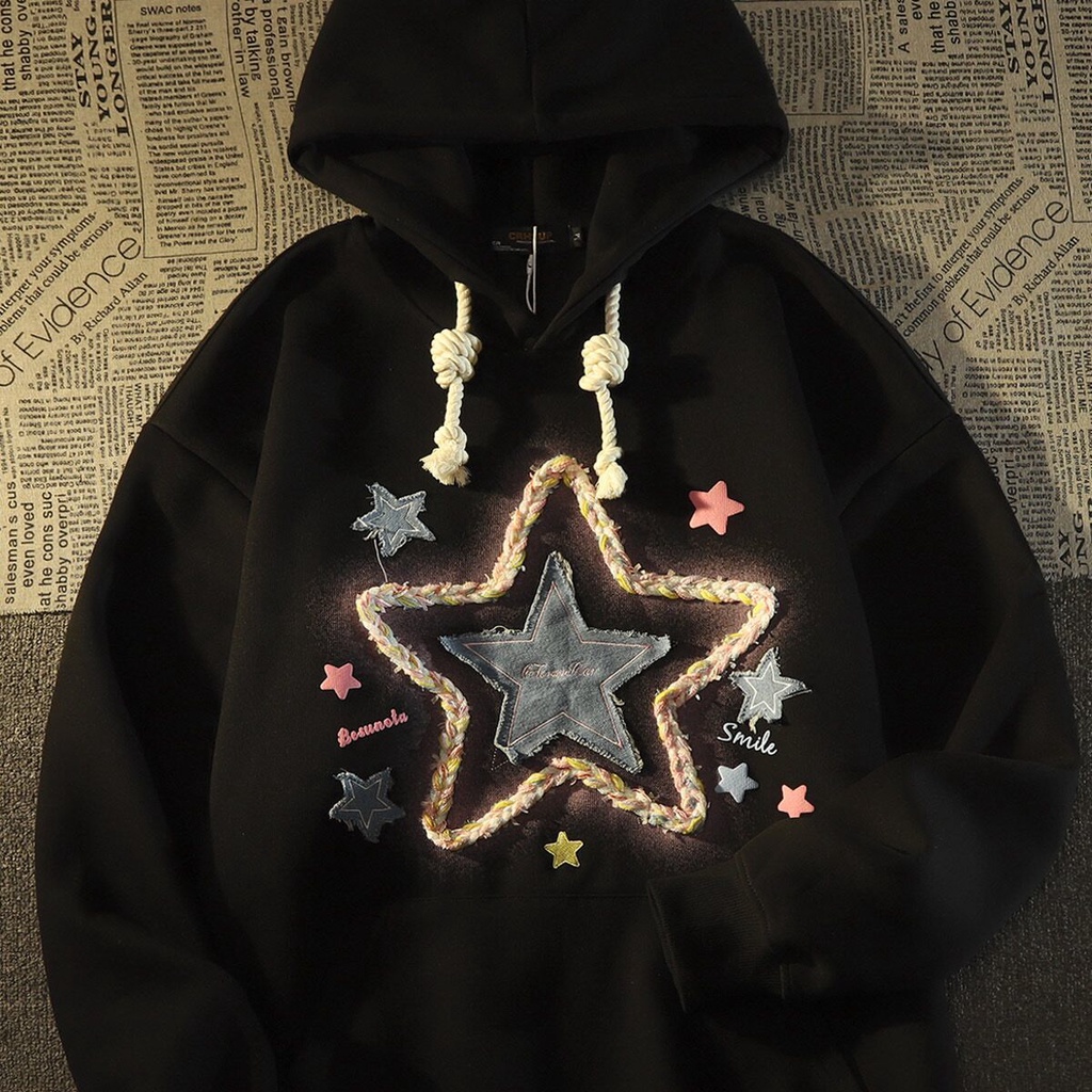 Áo Khoác Hoodie Dáng Rộng Thêu Ngôi Sao Phong Cách retro Mỹ Dành Cho Nữ