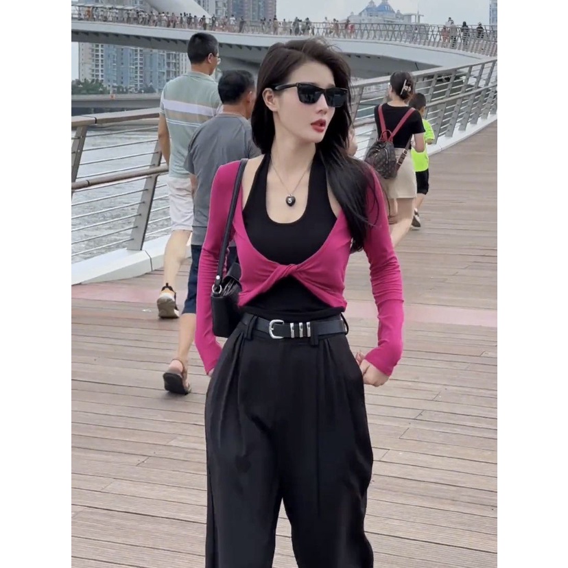 Mới Áo Thun Tay Dài Giả Hai Lớp Màu Tương Phản Thời Trang Cho Nữ