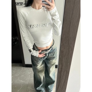 Áo Thun Tay Dài Cổ Tròn In Chữ Phong Cách retro Mỹ Thời Trang Mùa Thu Dành Cho Nữ
