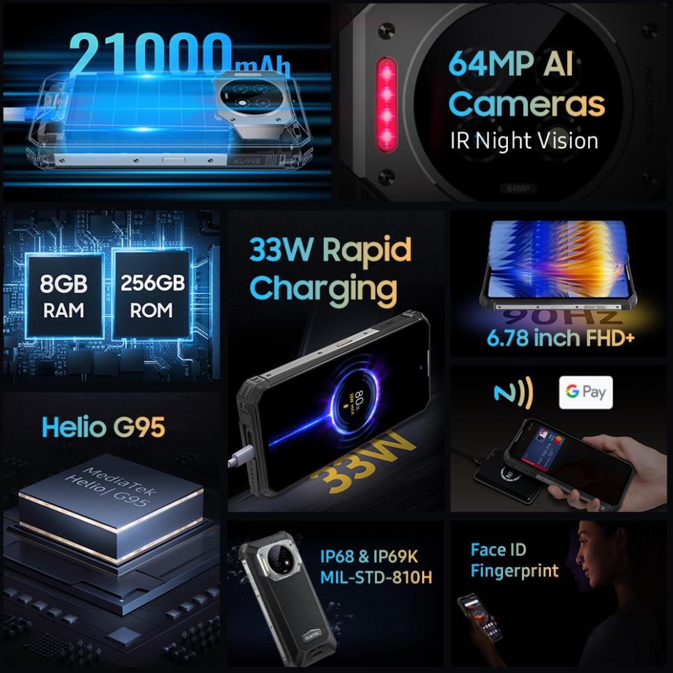 Điện Thoại Di Động OUKITEL WP19 21000mAh 8GB 256GB 6.78 "FHD + 90HZ Android 12 64MP + 20MP 33W Helio G95 OctaCore 4G