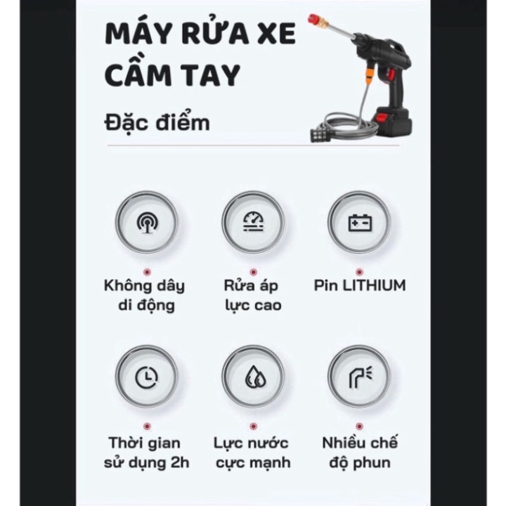Máy rửa xe cầm tay cao áp chạy bằng pin sạc, súng rửa xe dùng cho gia đình có chế độ phun xương tạo bọt cao cấp