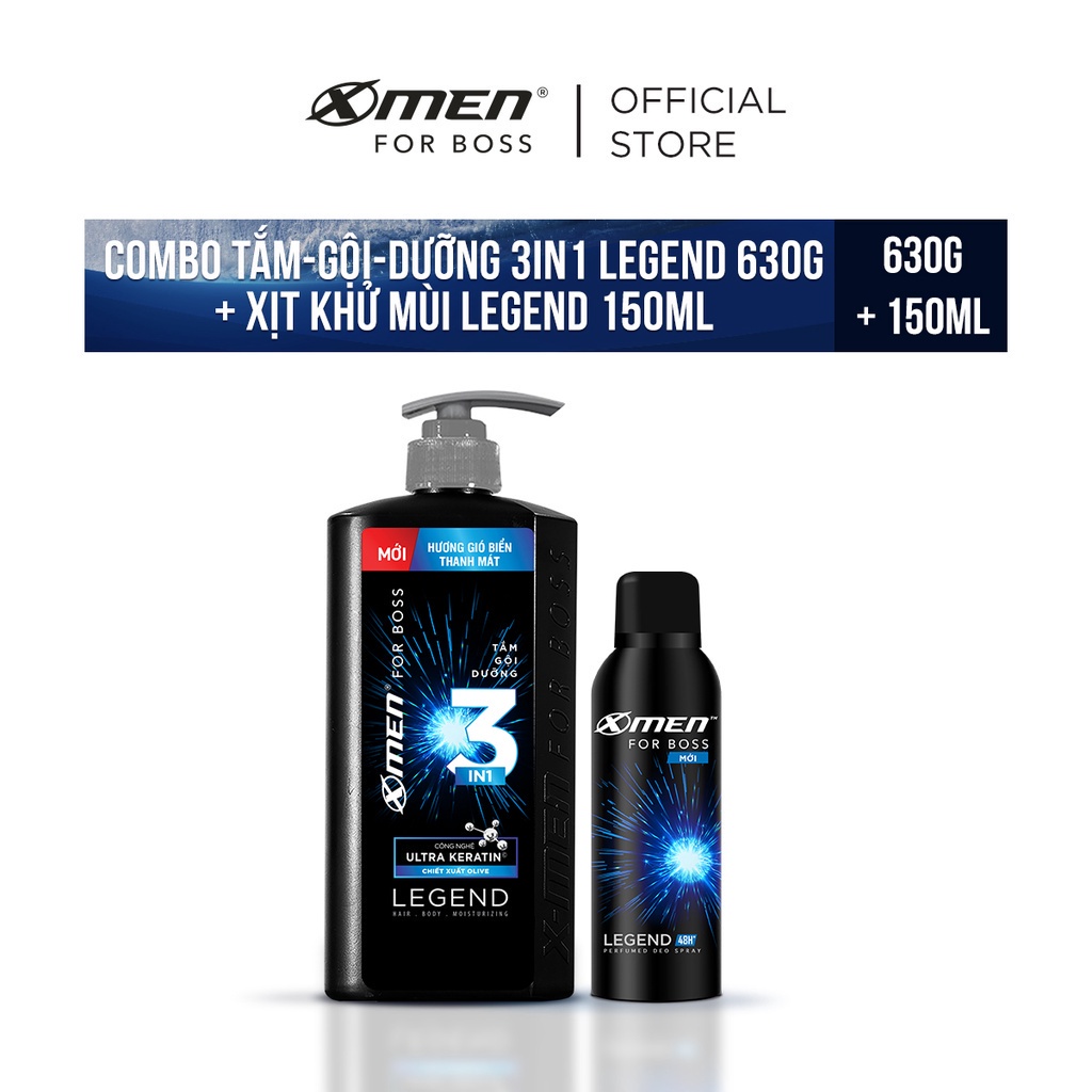 Combo Tắm-gội-dưỡng 3in1 630g và Xịt khử mùi X-Men for Boss 150ml Legend hương gió biển thanh mát