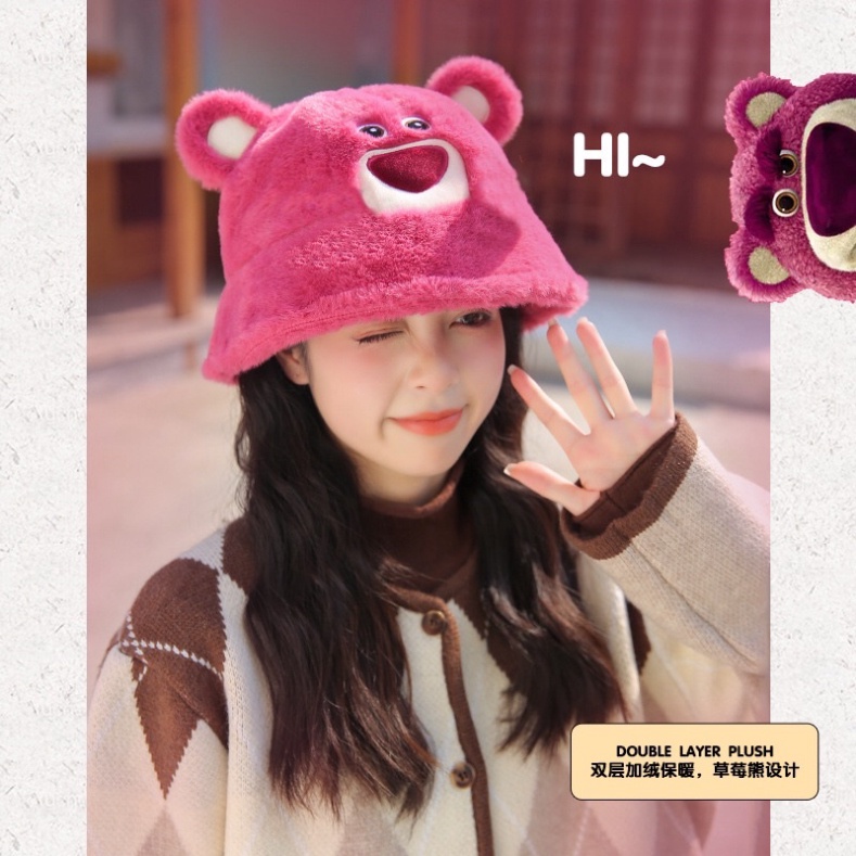 Mũ Tai Bèo Vải Lông Cừu+ khăn+ bịt tai Chống Lạnh Họa Tiết Gấu Dâu Thời Trang Thu Đông - TL01