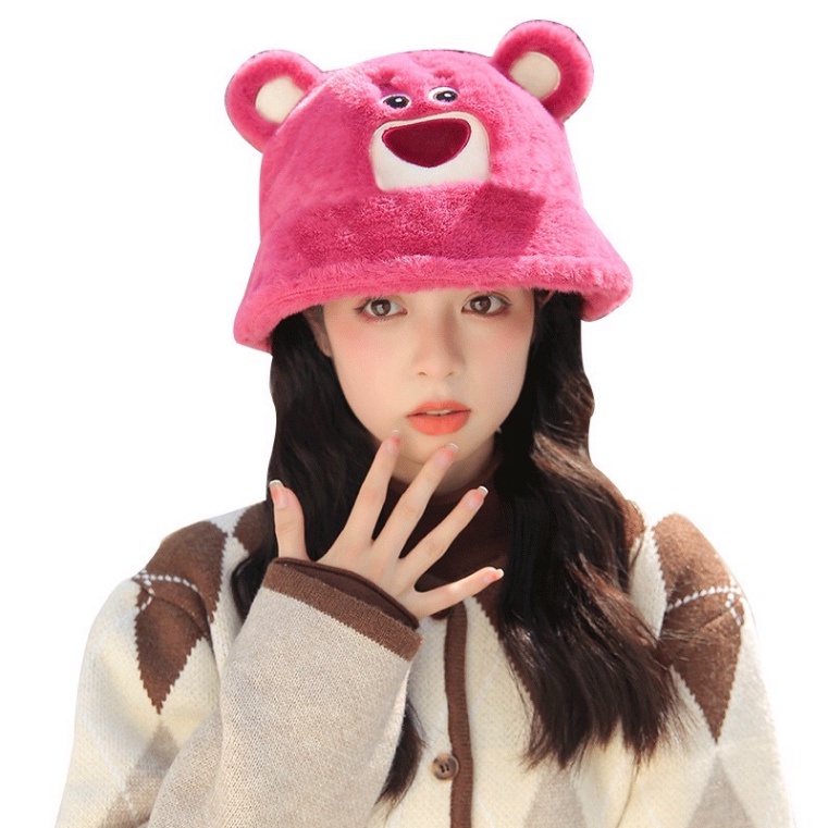 Mũ Tai Bèo Vải Lông Cừu+ khăn+ bịt tai Chống Lạnh Họa Tiết Gấu Dâu Thời Trang Thu Đông - TL01