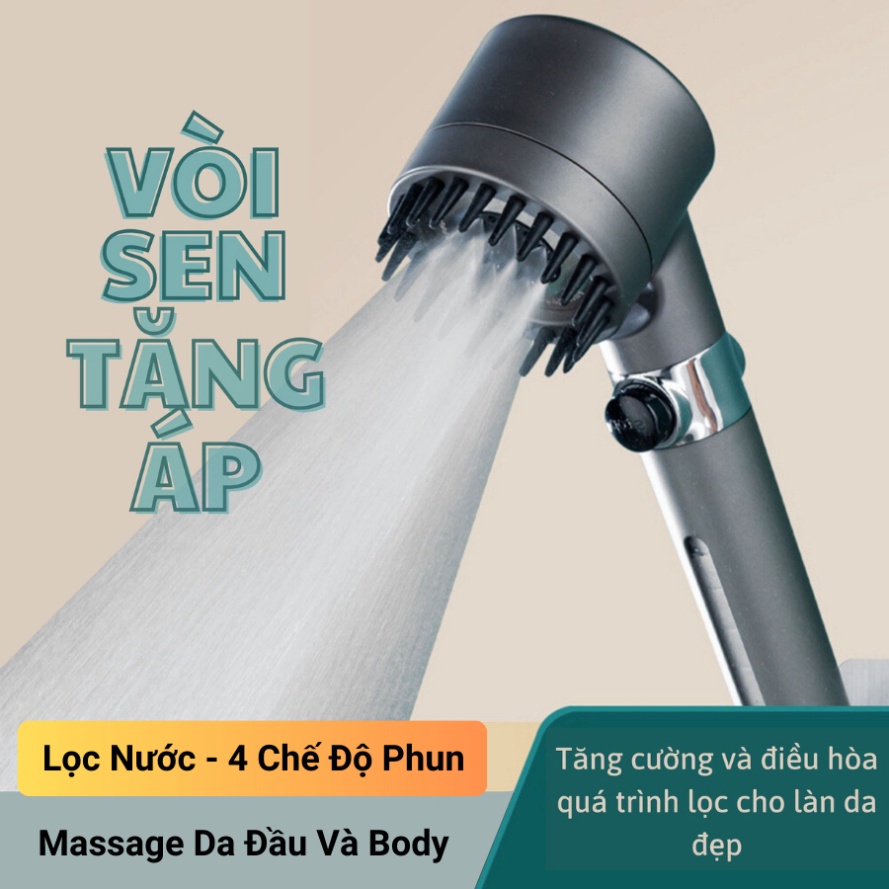 Vòi Hoa Sen, Vòi Sen Tăng Áp Cao Cấp, Hỗ Trợ Tăng Lực Nước 4 in1, Thiết Kế Tay Sen Đen Nhám Chất Liệu Inox Chống Gỉ VS02