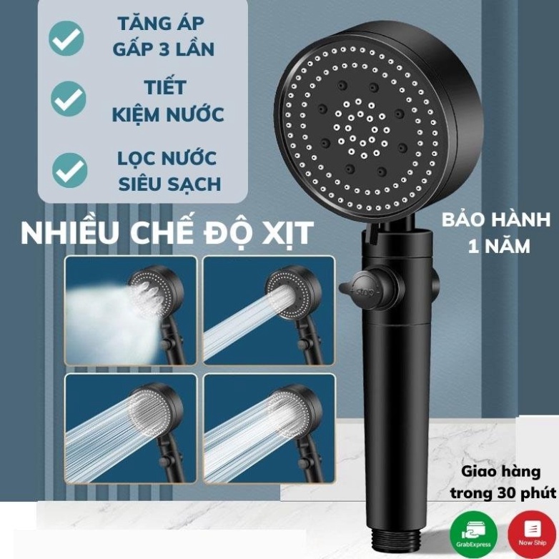 Vòi Hoa Sen, Vòi Sen Tăng Áp Cao Cấp, Hỗ Trợ Tăng Lực Nước 4 in1, Thiết Kế Tay Sen Đen Nhám Chất Liệu Inox Chống Gỉ VS02