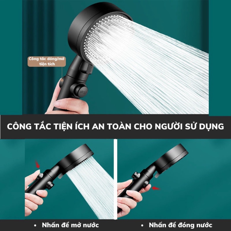 Vòi Hoa Sen, Vòi Sen Tăng Áp Cao Cấp, Hỗ Trợ Tăng Lực Nước 4 in1, Thiết Kế Tay Sen Đen Nhám Chất Liệu Inox Chống Gỉ VS02