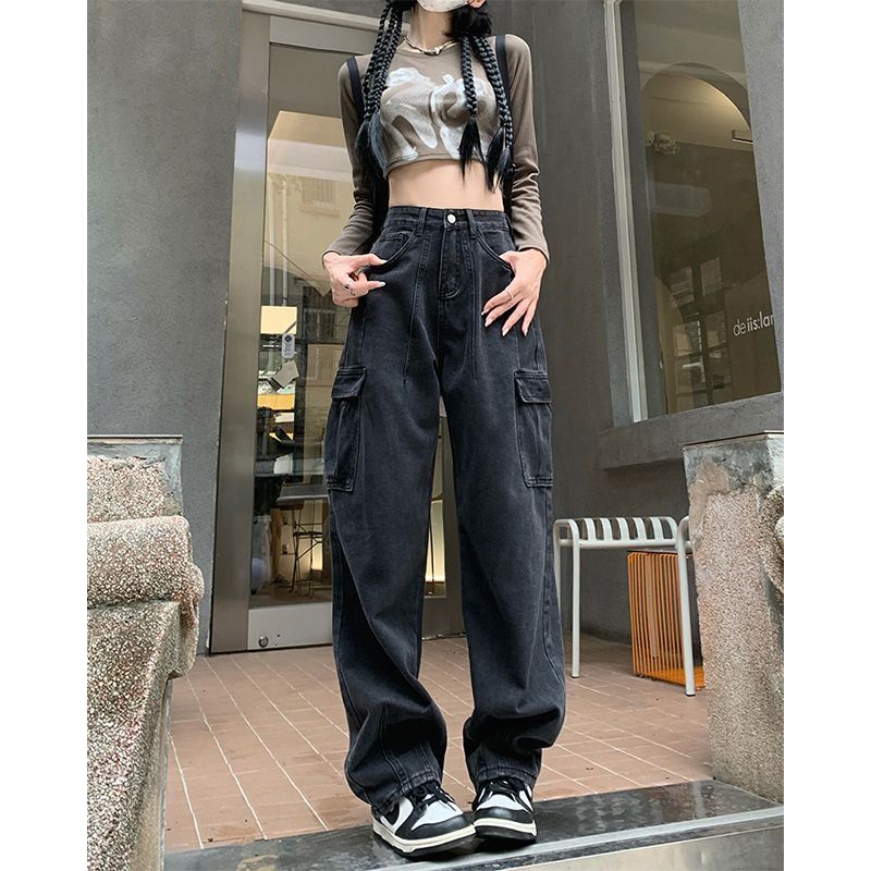 Jiashucheng Quần Yếm Jean Ống Rộng Nhiều Túi Phong Cách retro Đường Phố Mỹ Cao Cấp Mùa Thu Mới Dành Cho Nữ