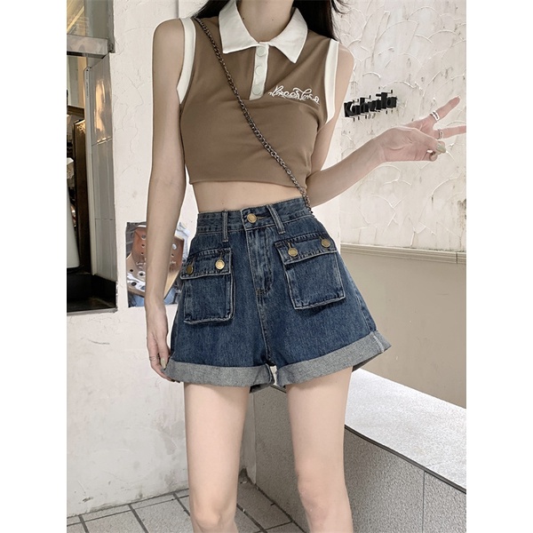 Jiashucheng Quần Yếm denim Ngắn Dáng Chữ a Ống Rộng Lưng Cao Thời Trang Mùa Hè Cho Nữ