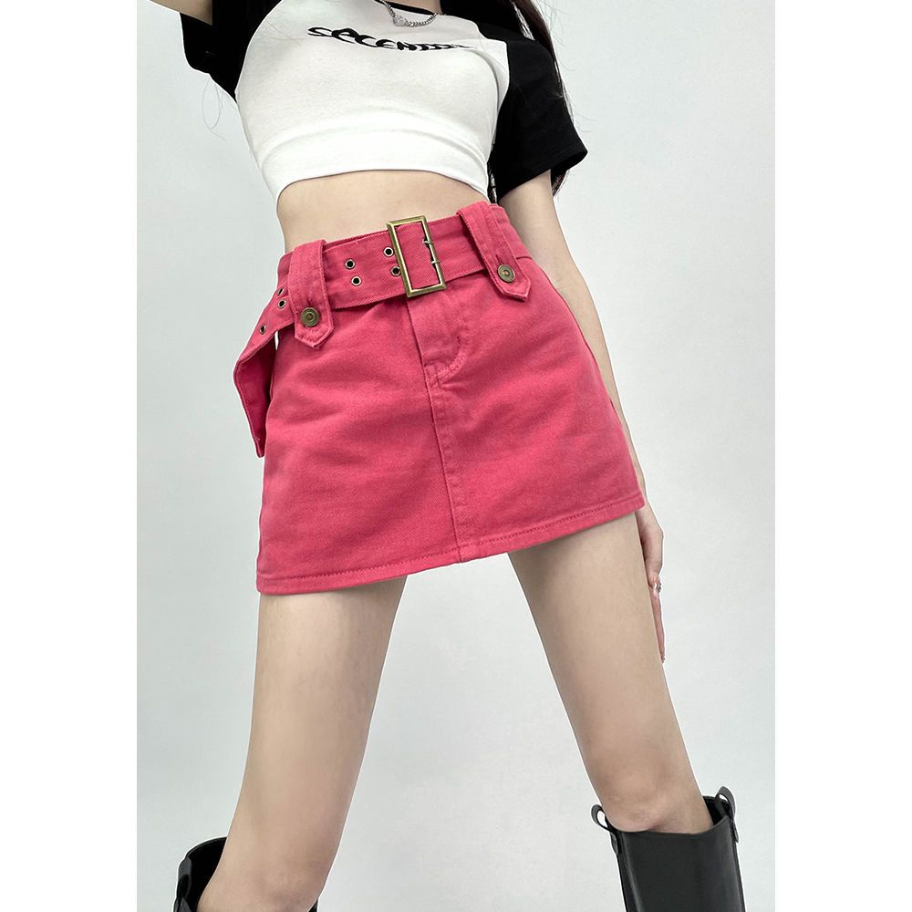Jiashucheng Chân Váy denim Ngắn Dáng Chữ a Lưng Cao Màu Hồng Hoa Hồng Ngọt Ngào Thời Trang Mùa Hè Cho Nữ