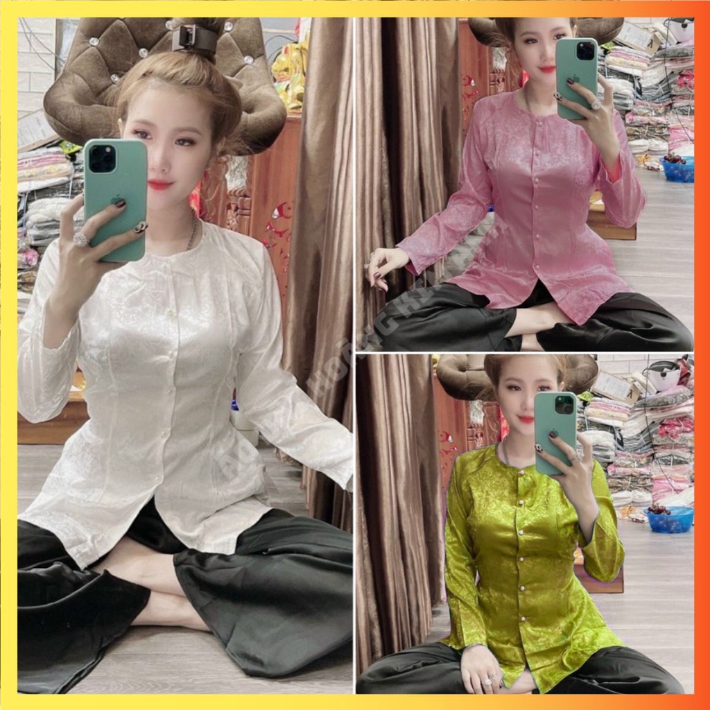 Áo lam phật tử đi chùa nữ lụa gấm vân trơn tay dài cổ tròn màu Trắng, Xanh, Hồng kèm quần Đen may sẵn