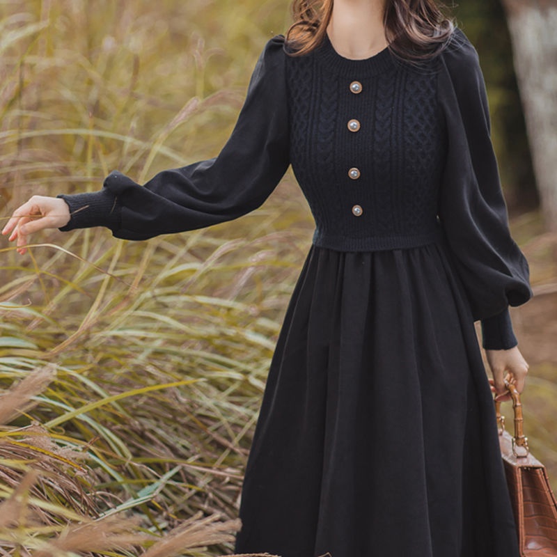 Dệt 2023 Phong cách Pháp mới Phong cách Nối áo len bên trong Váy dài vừa phải