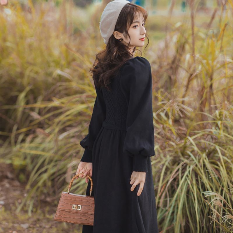 Dệt 2023 Phong cách Pháp mới Phong cách Nối áo len bên trong Váy dài vừa phải